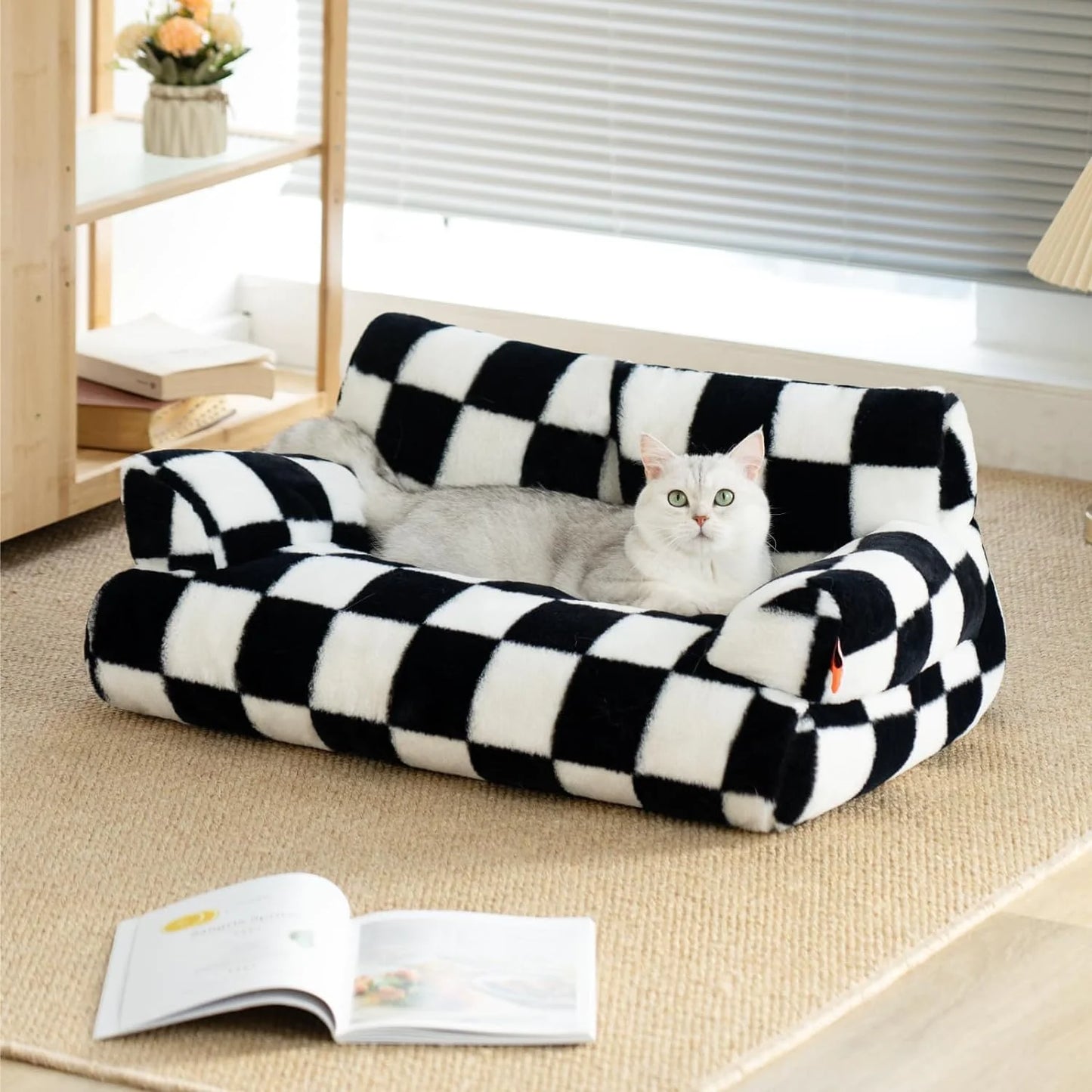 Oversized Checkered Plush Pet Sofa – Ultra-Cozy Cloth Couch for Cats & Small Dogs