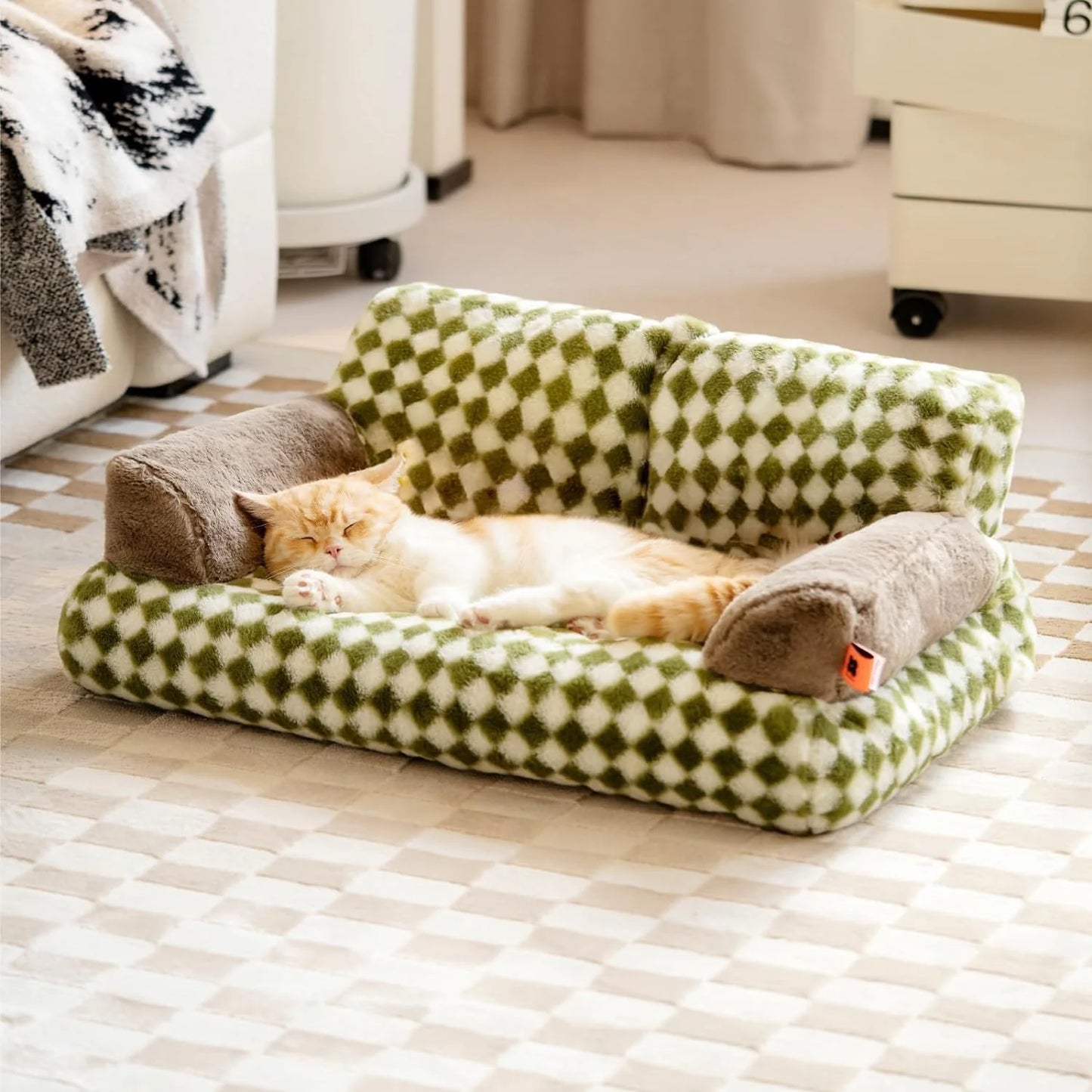 Oversized Checkered Plush Pet Sofa – Ultra-Cozy Cloth Couch for Cats & Small Dogs