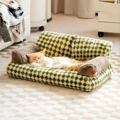 Oversized Checkered Plush Pet Sofa – Ultra-Cozy Cloth Couch for Cats & Small Dogs